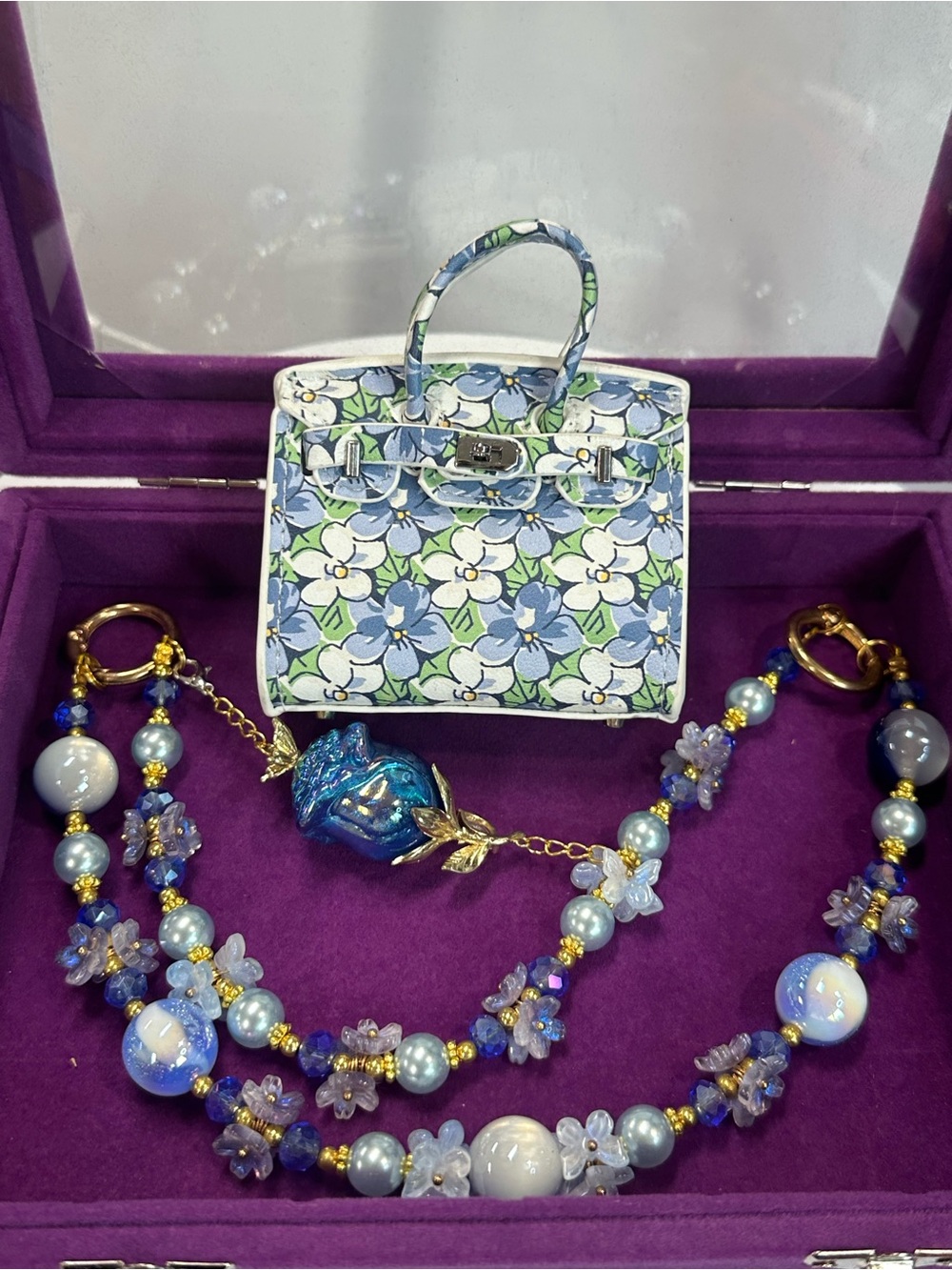 Floral Mini Bag Charm + Beaded Rose Chain Set